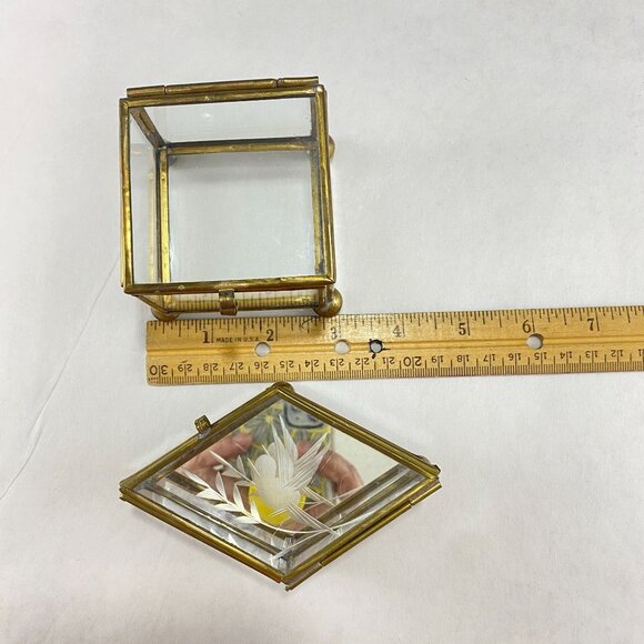 Vintage Leaded Glass Brass Trinket Boxes Lot of 2 - Picture 11 of 12
